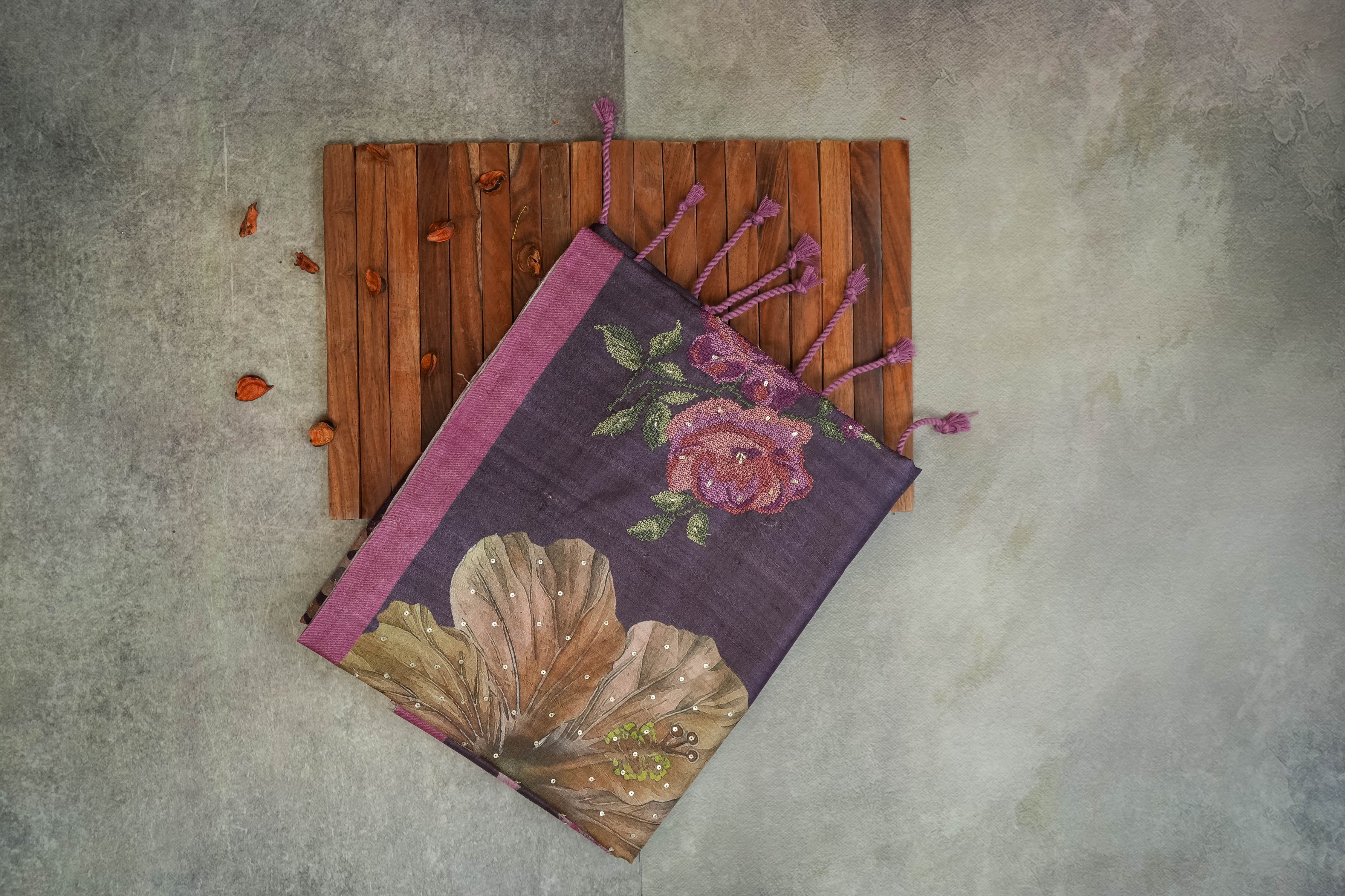 11167 Tusser Digital Print Handwork Saree for wholesale