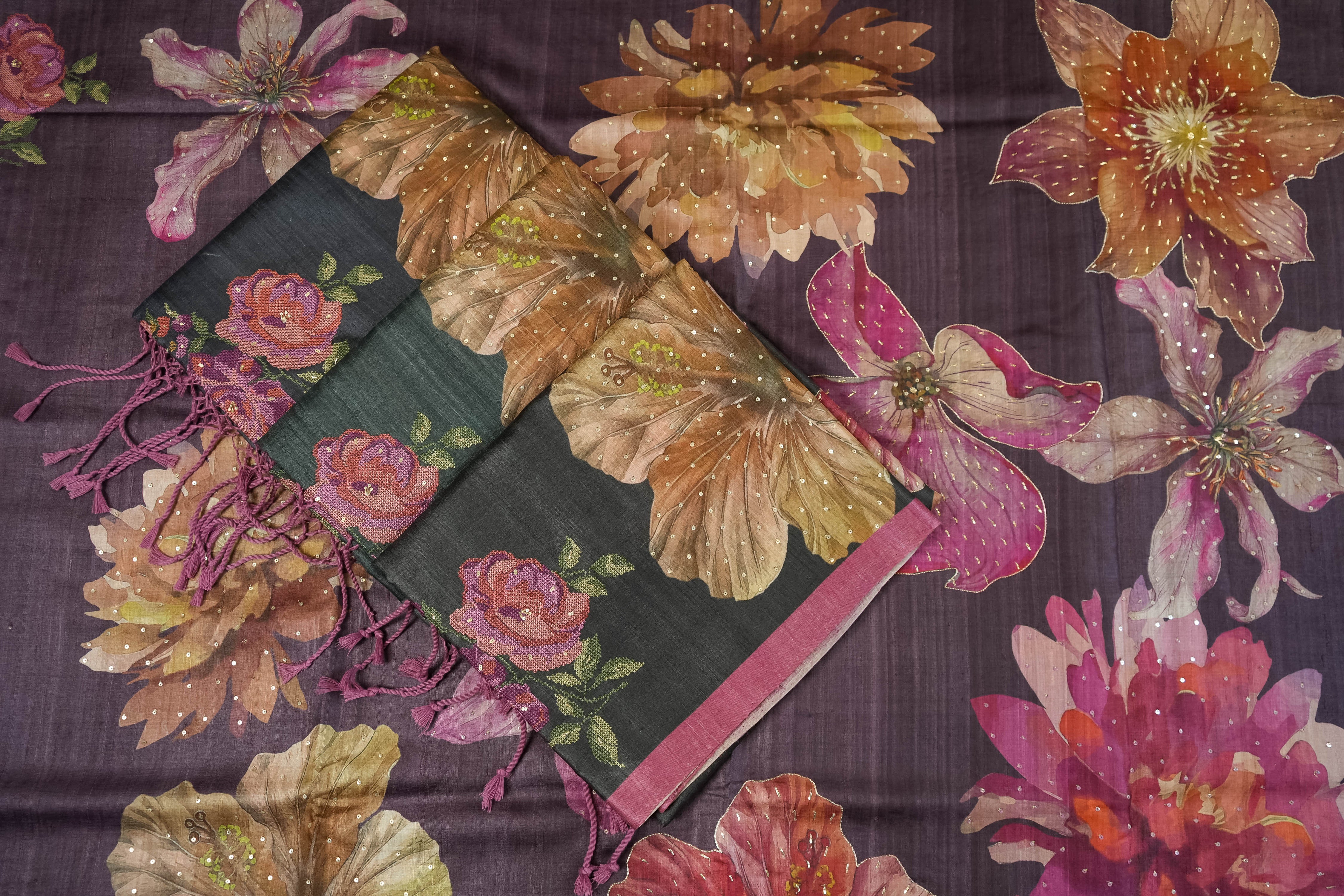 11167 Tusser Digital Print Handwork Saree for wholesale